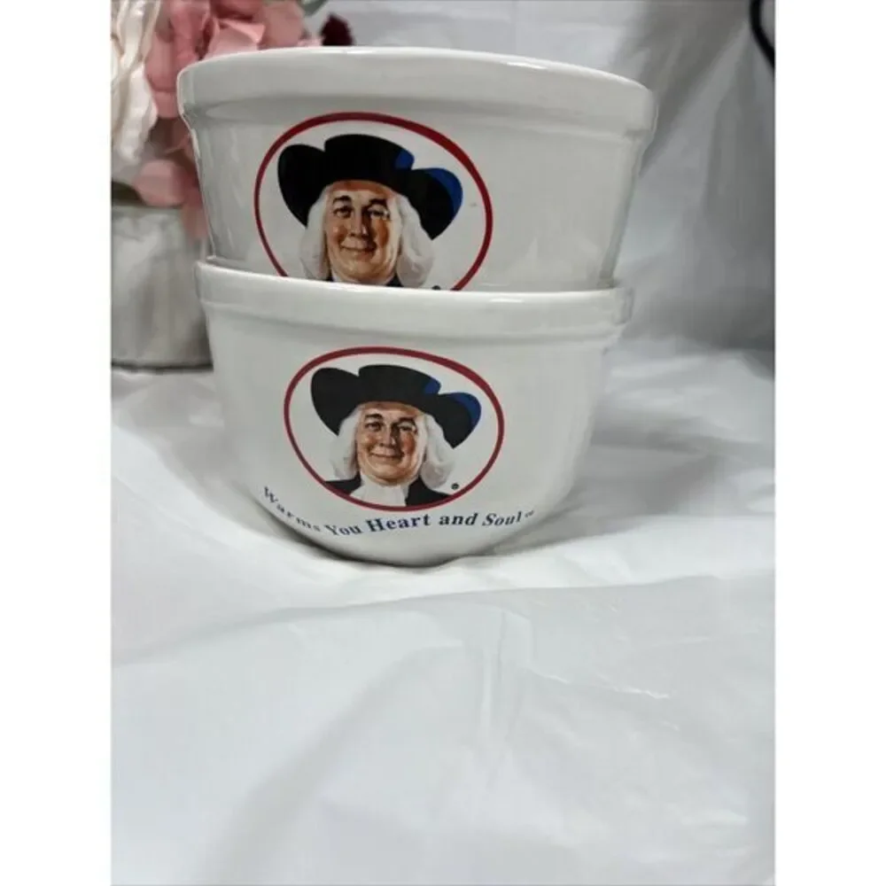 Vintage Quaker Oatmeal Bowl Cereal 90s White Warms You Heart And Soul‎ Set Of 2